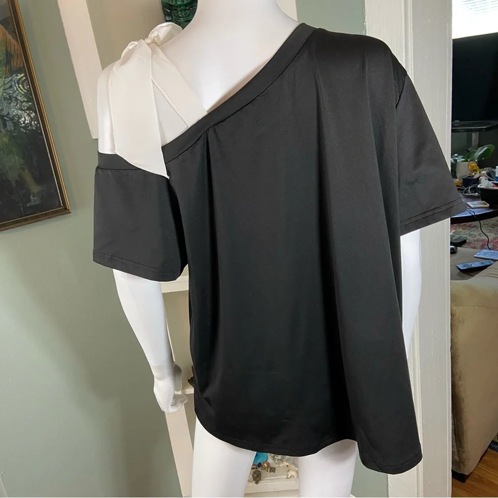 3/$12 Shein Curve Heart Splatter Off One Shoulder Bow Tie Tee T-Shirt Blouse Top - Picture 6 of 12
